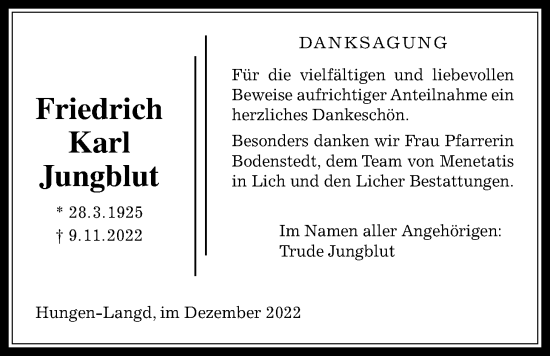 Traueranzeige von Friedrich Karl Jungblut von Licher Wochenblatt