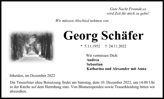 Traueranzeige von Georg Schäfer von Kreis-Anzeiger