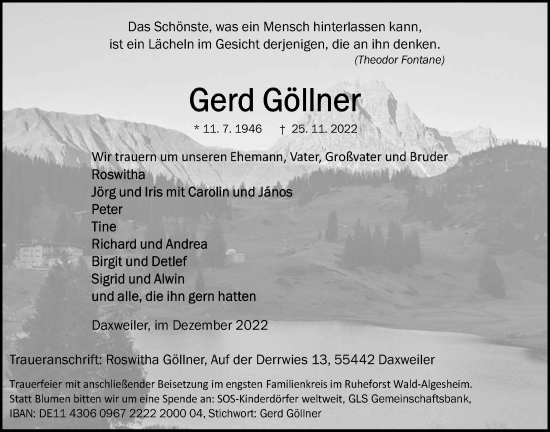 Traueranzeige von Gerd Göllner von Kreis-Anzeiger