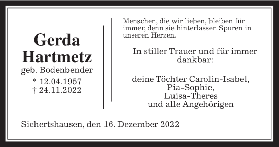 Traueranzeige von Gerda Hartmetz von Giessener Allgemeine, Alsfelder Allgemeine