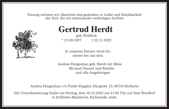 Traueranzeige von Gertrud Herdt 