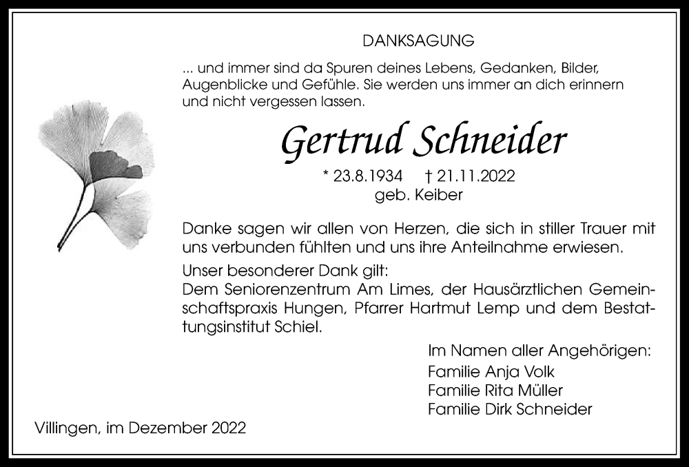  Traueranzeige für Gertrud Schneider vom 22.12.2022 aus Licher Wochenblatt