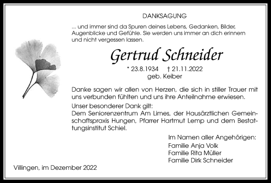 Traueranzeige von Gertrud Schneider von Licher Wochenblatt