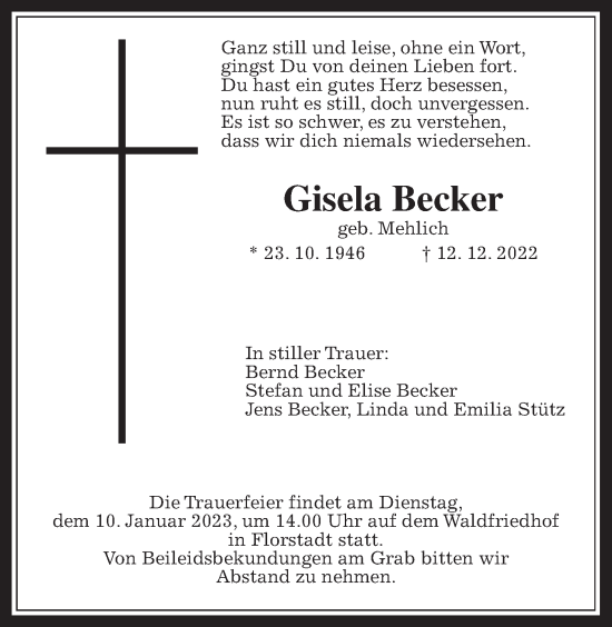 Traueranzeige von Gisela Becker von Wetterauer Zeitung