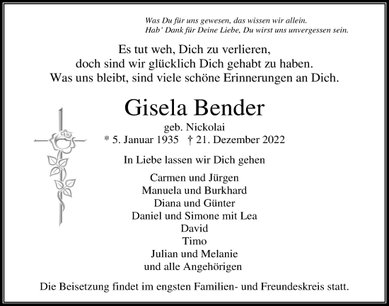 Traueranzeige von Gisela Bender von Usinger Anzeiger