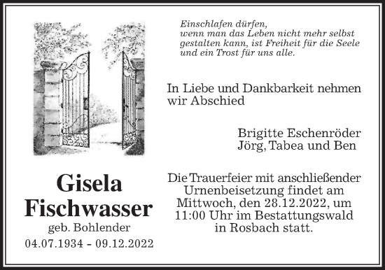 Traueranzeige von Gisela Fischwasser von Wetterauer Zeitung