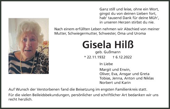 Traueranzeige von Gisela Hilß von Wetterauer Zeitung