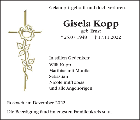 Traueranzeige von Gisela Kopp von Wetterauer Zeitung