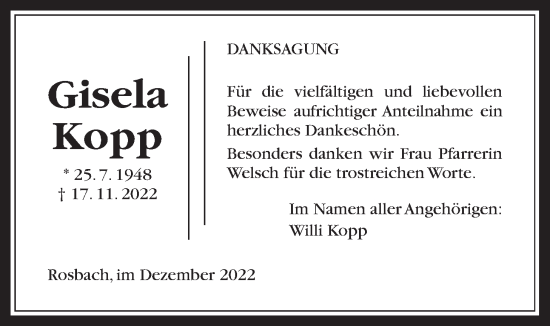 Traueranzeige von Gisela Kopp von Wetterauer Zeitung