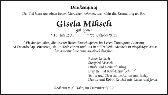 Traueranzeige von Gisela Miksch von Wetterauer Zeitung