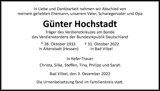 Traueranzeige von Günter Hochstadt von Wetterauer Zeitung