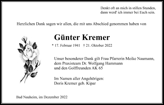 Traueranzeige von Günter Kremer von Wetterauer Zeitung