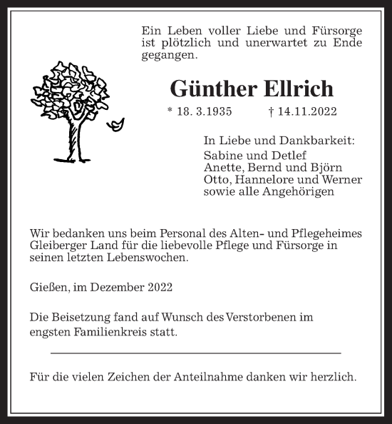 Traueranzeige von Günther Ellrich von Giessener Anzeiger, Giessener Allgemeine, Alsfelder Allgemeine