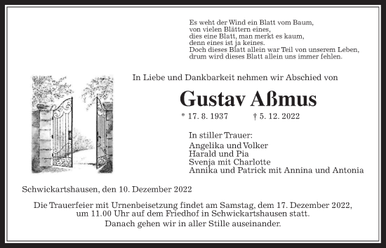 Traueranzeige von Gustav Aßmus von Kreis-Anzeiger