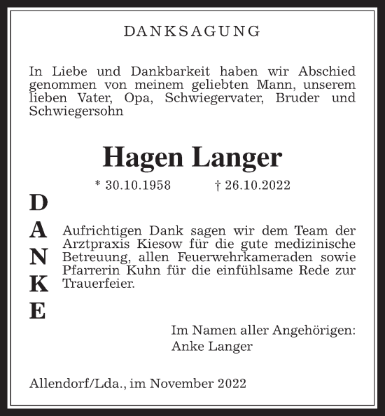 Traueranzeige von Hagen Langer von Allendorfer Mitteilungen