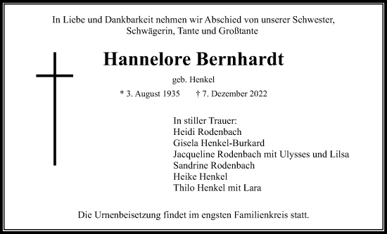 Traueranzeige von Hannelore Bernhardt von Wetterauer Zeitung