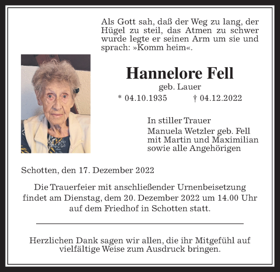 Traueranzeige von Hannelore Fell von Kreis-Anzeiger