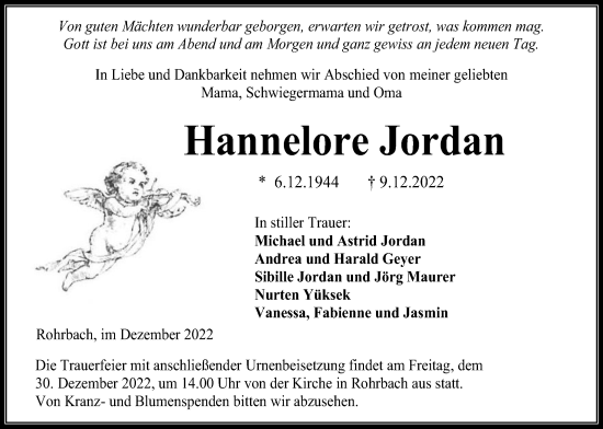 Traueranzeige von Hannelore Jordan von Kreis-Anzeiger