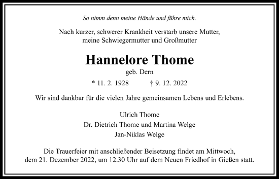 Traueranzeige von Hannelore Thome von Giessener Allgemeine, Alsfelder Allgemeine, Giessener Anzeiger