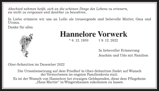 Traueranzeige von Hannelore Vorwerk von Kreis-Anzeiger