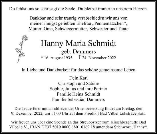 Traueranzeige von Hanny Maria Schmidt von Bad Vilbel/Karben