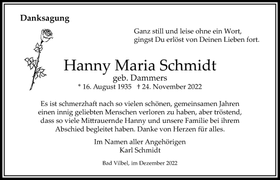 Traueranzeige von Hanny Maria Schmidt von Bad Vilbel/Karben