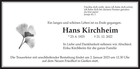 Traueranzeige von Hans Kirchheim von Giessener Allgemeine, Alsfelder Allgemeine, Giessener Anzeiger