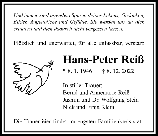 Traueranzeige von Hans-Peter Reiß von Giessener Allgemeine, Alsfelder Allgemeine