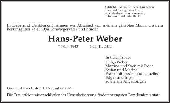 Traueranzeige von Hans-Peter Weber von Giessener Anzeiger