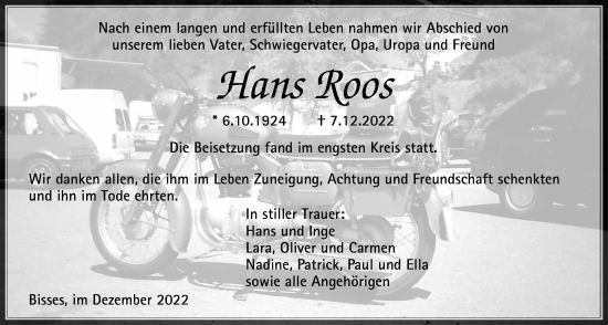 Traueranzeige von Hans Roos von Wetterauer Zeitung