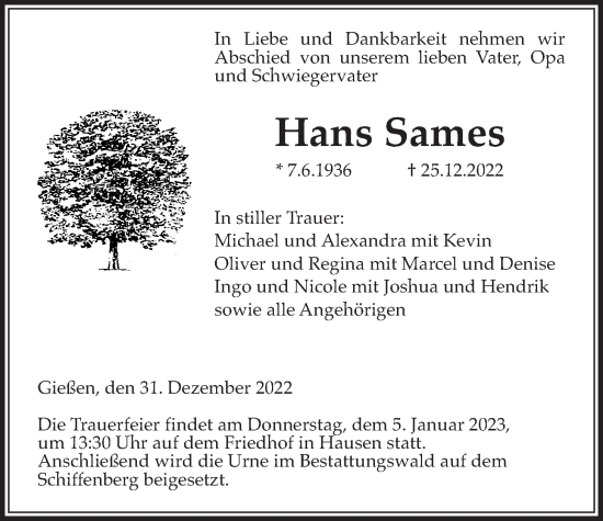 Traueranzeige von Hans Sames von Giessener Allgemeine, Alsfelder Allgemeine, Giessener Anzeiger