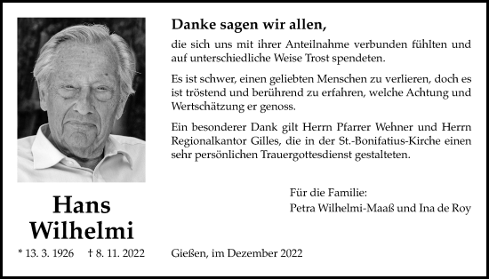 Traueranzeige von Hans Wilhelmi von Giessener Allgemeine, Alsfelder Allgemeine, Giessener Anzeiger