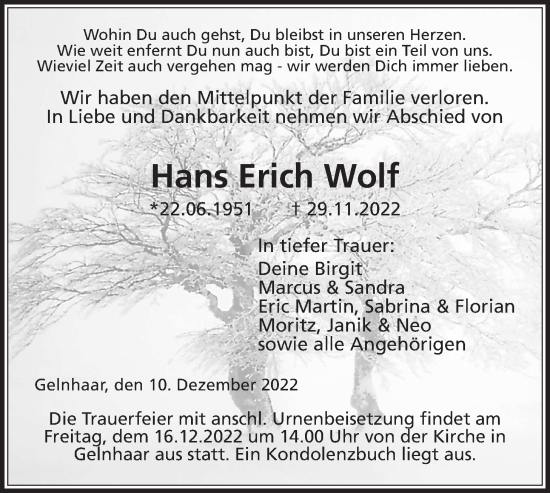 Traueranzeige von Hans Erich Wolf von Kreis-Anzeiger