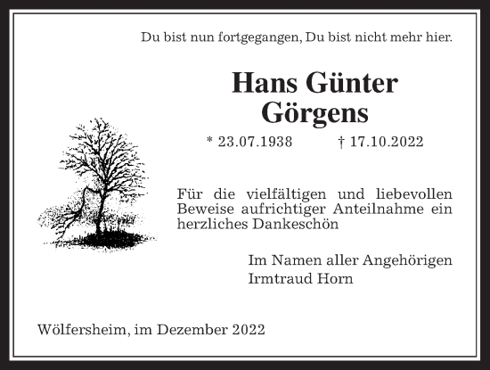Traueranzeige von Hans Günter Görgens von Wetterauer Zeitung