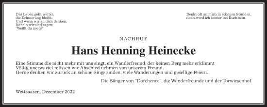 Traueranzeige von Hans Henning Heinecke von Giessener Allgemeine, Alsfelder Allgemeine