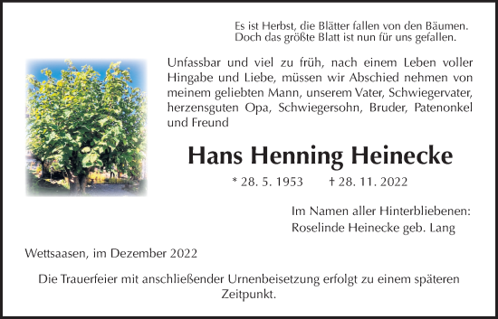 Traueranzeige von Hans Henning Heinecke von Giessener Allgemeine, Alsfelder Allgemeine, Mücker Stimme