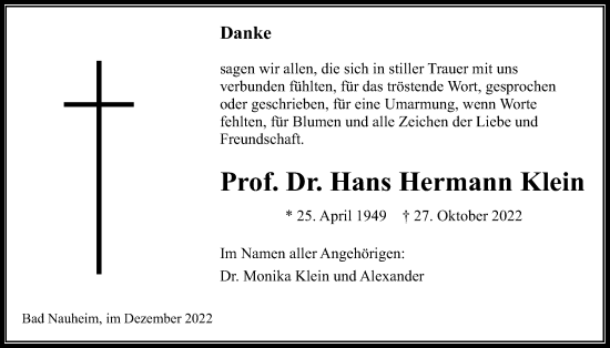 Traueranzeige von Hans Hermann Klein von Wetterauer Zeitung