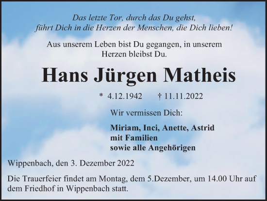 Traueranzeige von Hans Jürgen Matheis von Kreis-Anzeiger
