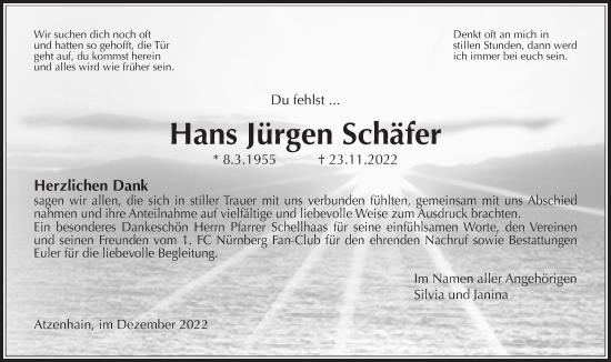 Traueranzeige von Hans Jürgen Schäfer von Mücker Stimme, Giessener Allgemeine, Alsfelder Allgemeine