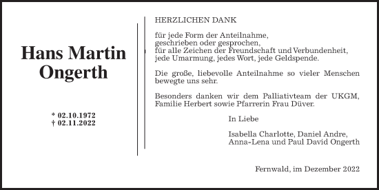 Traueranzeige von Hans Martin Ongerth von Giessener Allgemeine, Alsfelder Allgemeine