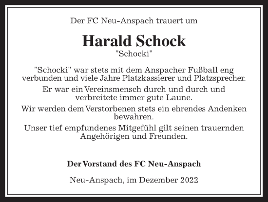 Traueranzeige von Harald Schock von Usinger Anzeiger