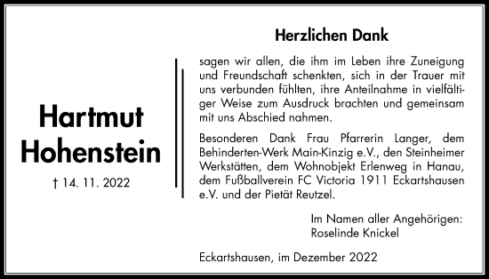 Traueranzeige von Hartmut Hohenstein von Kreis-Anzeiger