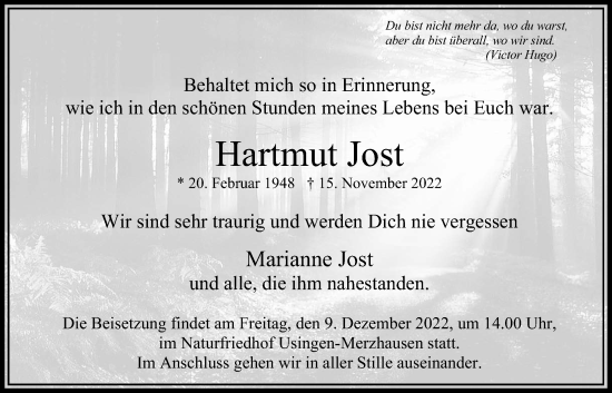 Traueranzeige von Hartmut Jost von Wetterauer Zeitung