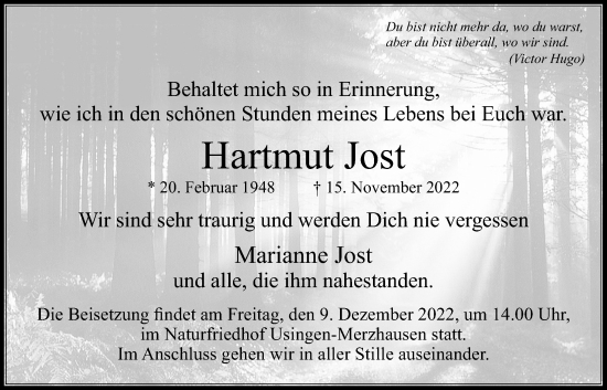 Traueranzeige von Hartmut Jost von Usinger Anzeiger, Wetterauer Zeitung