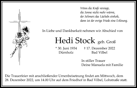 Traueranzeige von Hedi Stock von Bad Vilbel/Karben