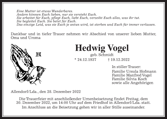 Traueranzeige von Hedwig Vogel von Giessener Allgemeine, Alsfelder Allgemeine