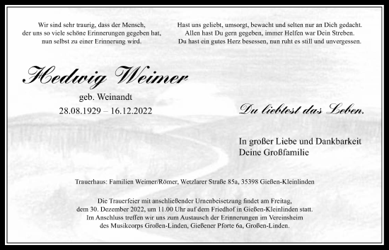 Traueranzeige von Hedwig Weimer von Giessener Allgemeine, Alsfelder Allgemeine, Giessener Anzeiger