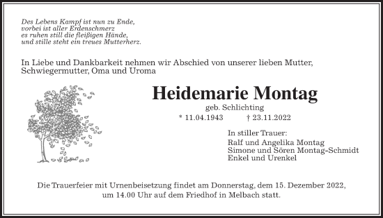 Traueranzeige von Heidemarie Montag von Wetterauer Zeitung