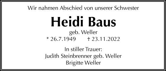 Traueranzeige von Heidi Baus von Bad Vilbel/Karben