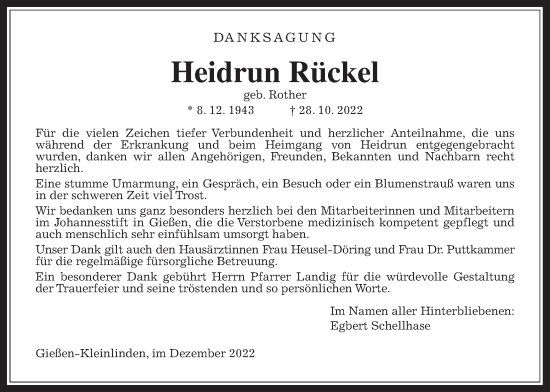 Traueranzeige von Heidrun Rückel von Giessener Allgemeine, Alsfelder Allgemeine, Giessener Anzeiger